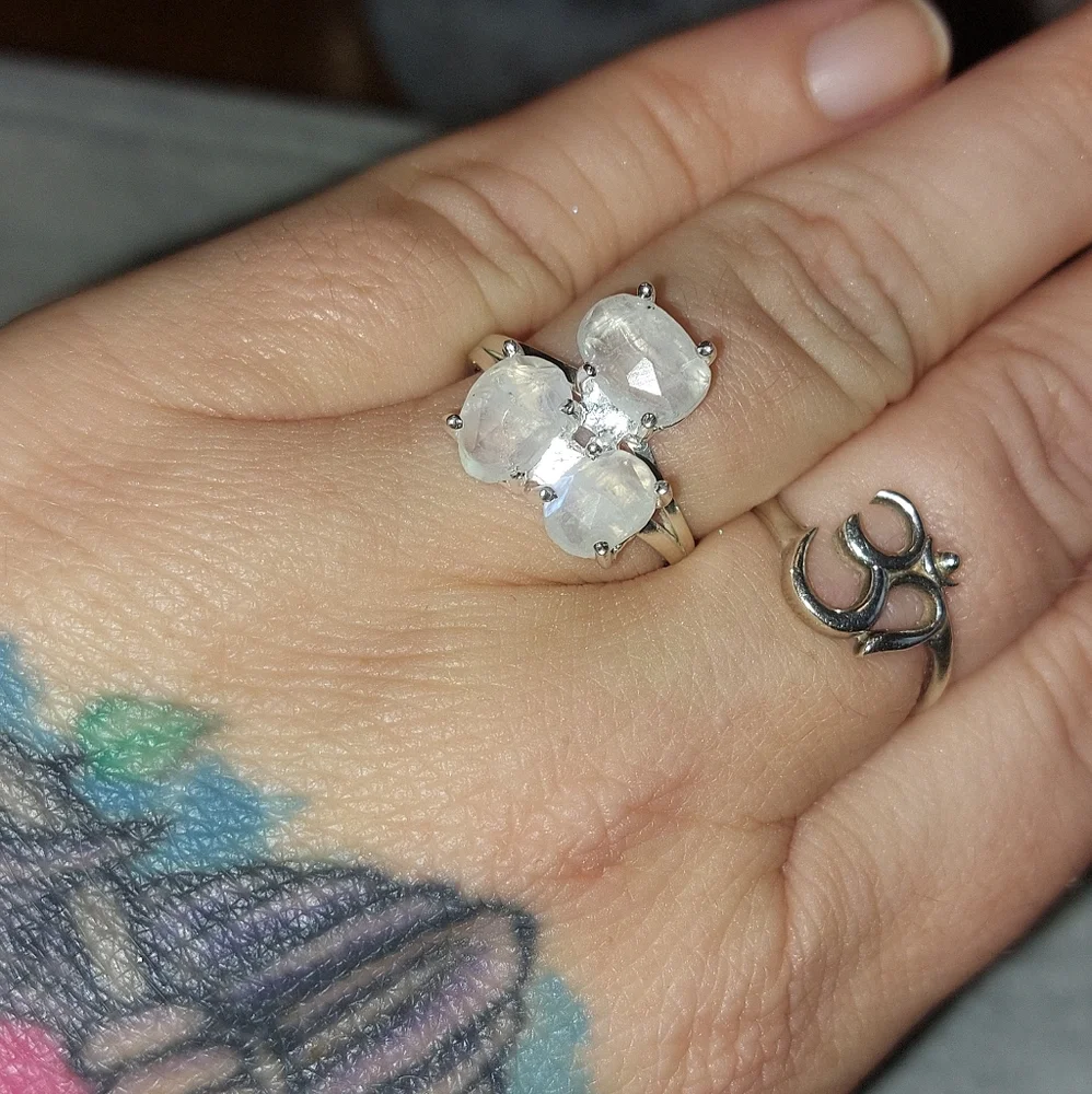 Raw Faceted Moonstone 3 Stone Ring Sterling Silver